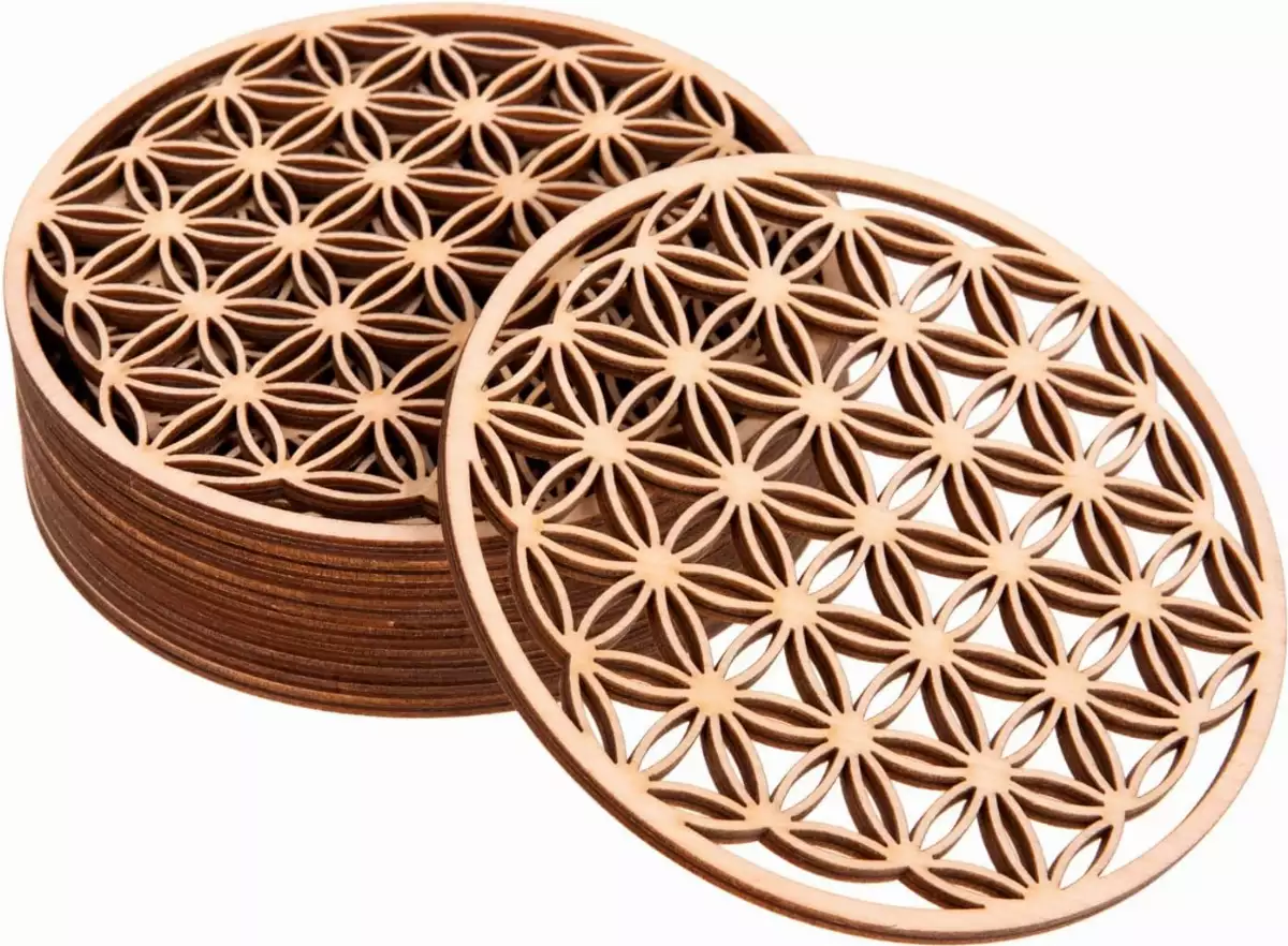 Fleur de Vie Dessous de Verre - sous Verre en Bois Set de 4 Pièces 10x10cm - Fleur de Vie pour Purification et Méditation - Symboles Spirituels en Bois